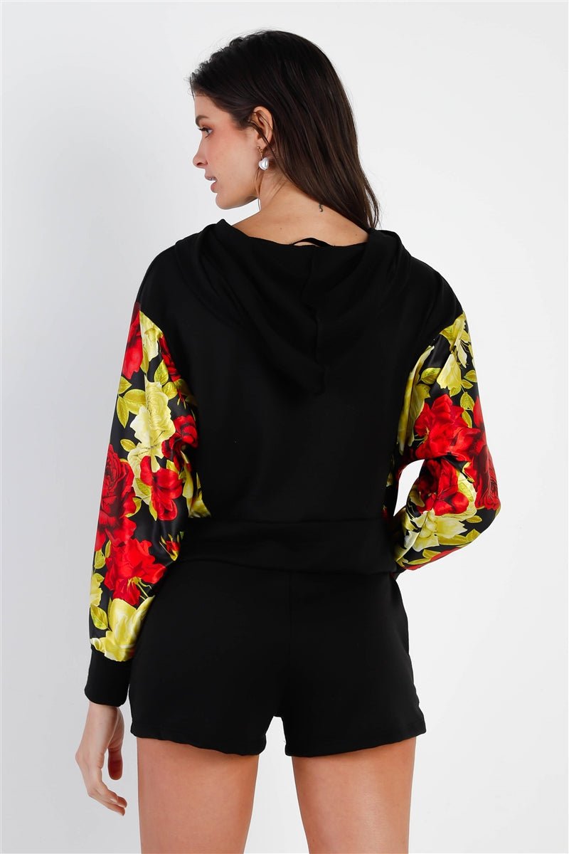 Black & Satin Effect Red & Lime Floral Print Hooded Top & Short Set - Fucking Feisty