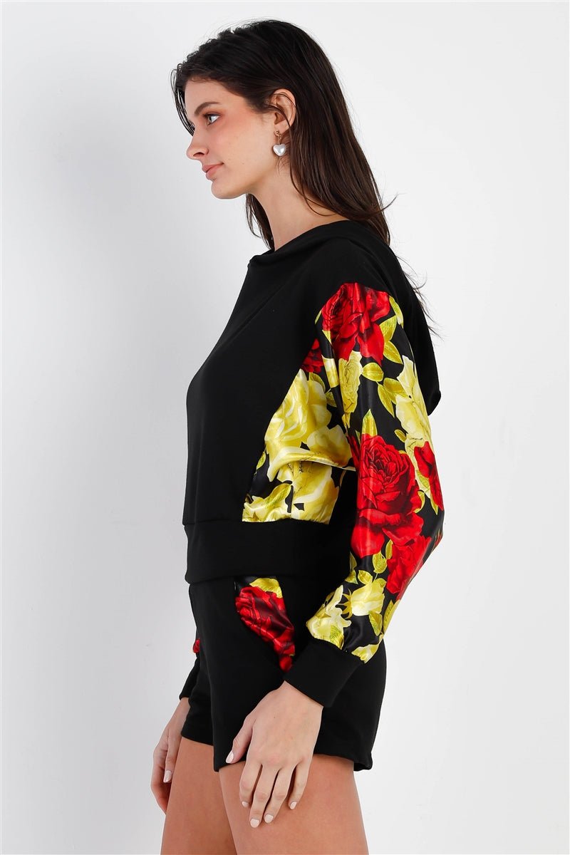 Black & Satin Effect Red & Lime Floral Print Hooded Top & Short Set - Fucking Feisty