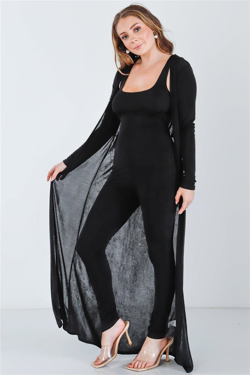 Black Sleeveless Cut-out Detail Slim Fit Jumpsuit & Open Front Long Sleeve Cardigan Set - Fucking Feisty