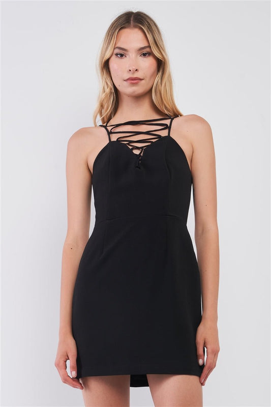Black Slim Fit Sleeveless V-neck Corset Inspired Cocktail Mini Dress - Fucking Feisty