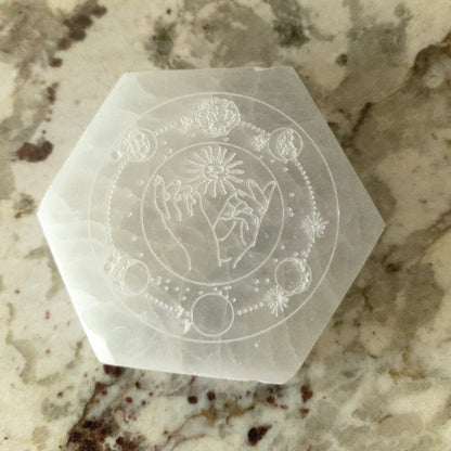 NEW Celestial Engraved Selenite Hexagon Plate - Fucking Feisty