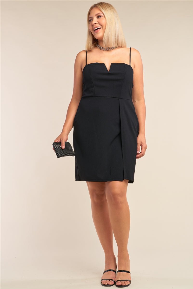 Plus Size Black Sleeveless V-shaped Front Detail Side Slit Tight Fit Mini Dress - Fucking Feisty