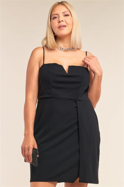 Plus Size Black Sleeveless V-shaped Front Detail Side Slit Tight Fit Mini Dress - Fucking Feisty