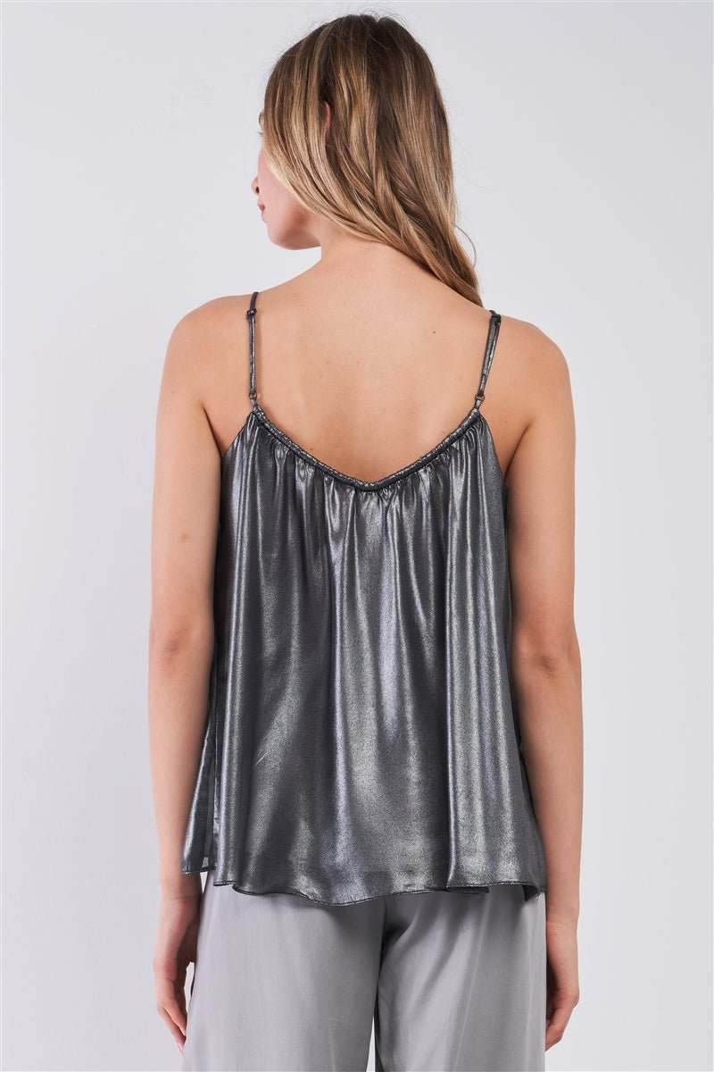 Silver Black Soft V-neck Sleeveless Gathered Loose Fit Top - Fucking Feisty
