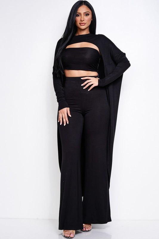 Solid Heavy Rayon Spandex Tube Top, Long Sleeve Cape Top And Wide Leg Pants 3 Piece Set - Fucking Feisty