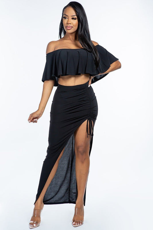 Solid Ity Off The Shoulder Ruffled Cropped Top And Ruched Maxi Skirt Two Piece Set - Fucking Feisty