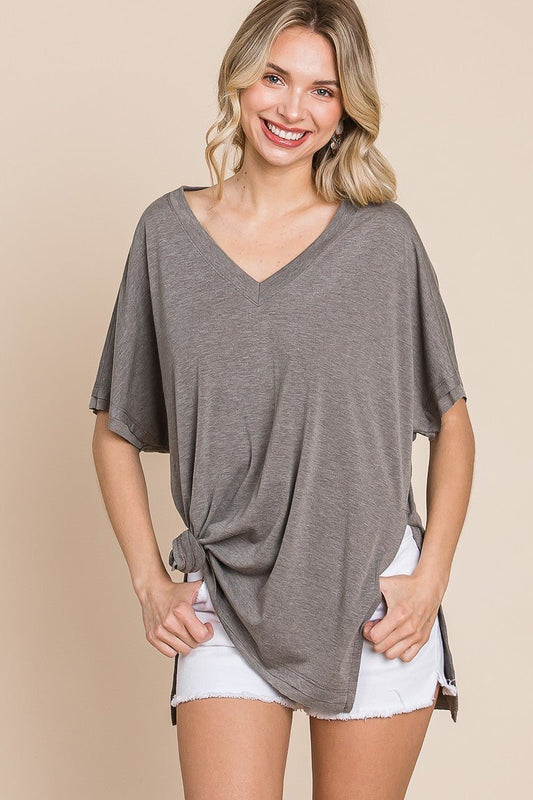 Solid V Neck Casual And Basic Top With Short Dolman Sleeves And Side Slit Hem - Fucking Feisty